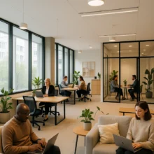 Lyst kontorhotel med åbne arbejdspladser, loungeområde og glasindrammede mødelokaler, hvor mennesker arbejder og holder møder i et moderne miljø.