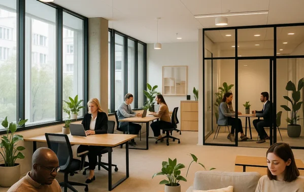 Lyst kontorhotel med åbne arbejdspladser, loungeområde og glasindrammede mødelokaler, hvor mennesker arbejder og holder møder i et moderne miljø.