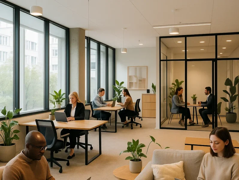 Lyst kontorhotel med åbne arbejdspladser, loungeområde og glasindrammede mødelokaler, hvor mennesker arbejder og holder møder i et moderne miljø.
