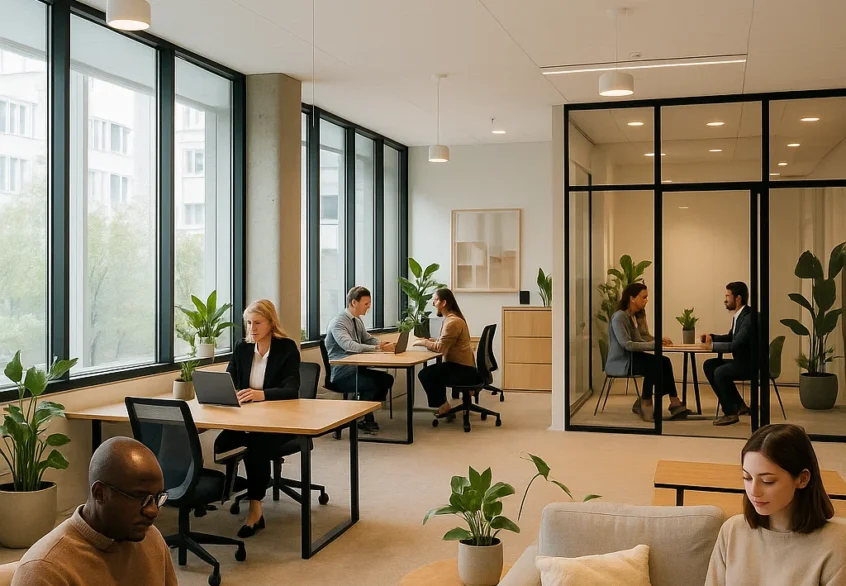 Lyst kontorhotel med åbne arbejdspladser, loungeområde og glasindrammede mødelokaler, hvor mennesker arbejder og holder møder i et moderne miljø.